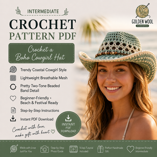 Crochet Cowboy Hat Pattern PDF, Beach Girl Summer Hat Crochet Pattern, Mesh Western Hat Tutorial, Boho Cowgirl Hat DIY, Festival Hat Pattern - Golden Wool