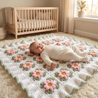 Coquette Flowers Baby Blanket — Crochet Pattern (PDF + Video) | Floral Granny Square Throw - Golden Wool