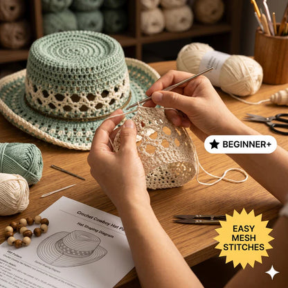 Crochet Cowboy Hat Pattern PDF, Beach Girl Summer Hat Crochet Pattern, Mesh Western Hat Tutorial, Boho Cowgirl Hat DIY, Festival Hat Pattern - Golden Wool