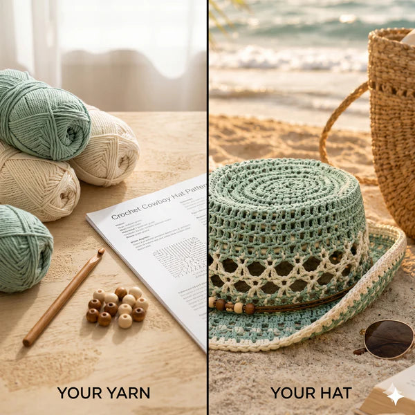 Crochet Cowboy Hat Pattern PDF, Beach Girl Summer Hat Crochet Pattern, Mesh Western Hat Tutorial, Boho Cowgirl Hat DIY, Festival Hat Pattern - Golden Wool
