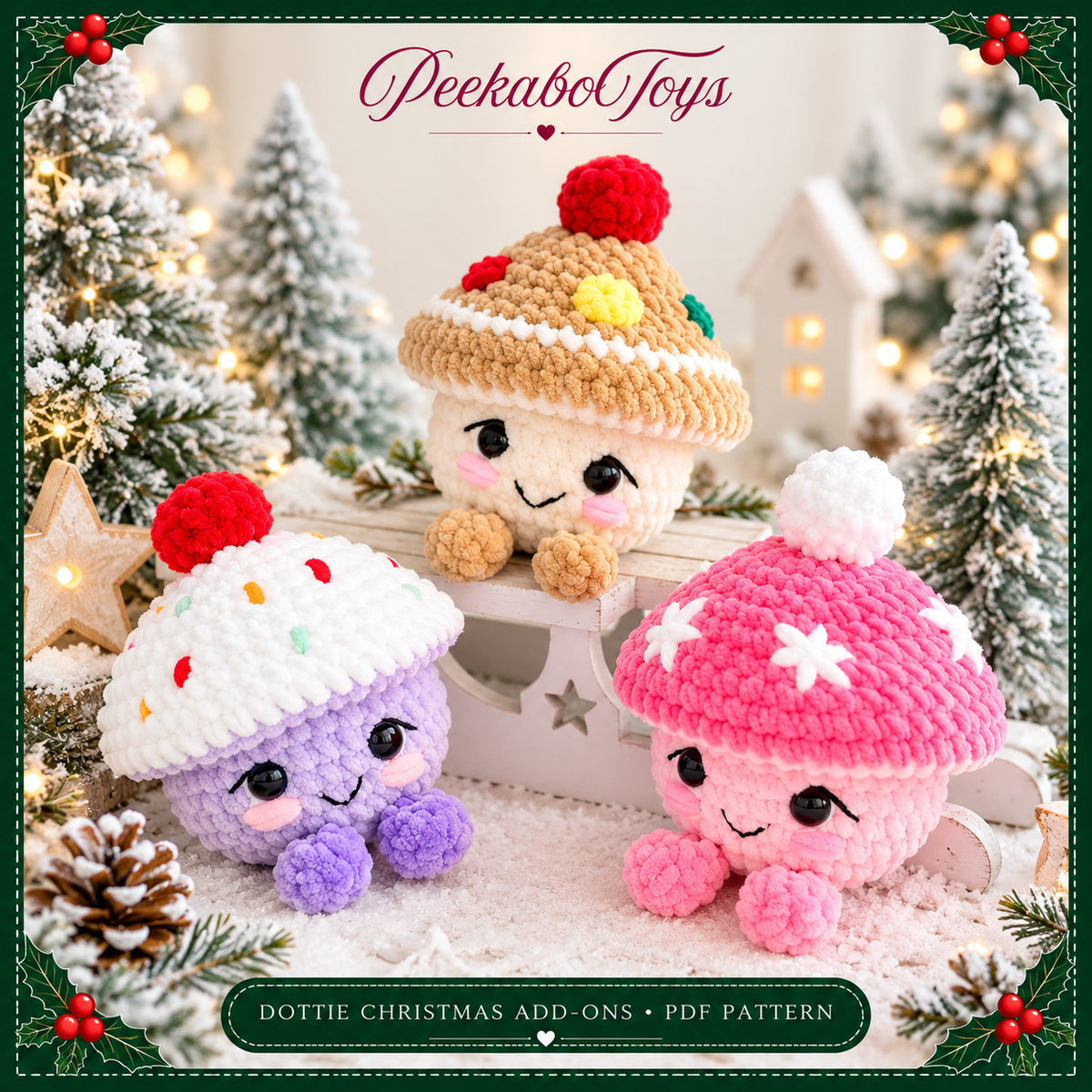 Dottie Christmas Crochet Add-On Pattern PDF, 6 Amigurumi Holiday Designs, Gingerbread, Reindeer, Cupcake, Snowflake, Candy Cane