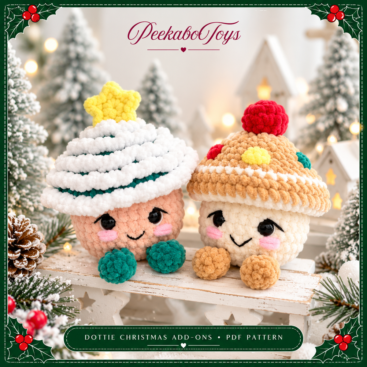Dottie Christmas Crochet Add-On Pattern PDF, 6 Amigurumi Holiday Designs, Gingerbread, Reindeer, Cupcake, Snowflake, Candy Cane