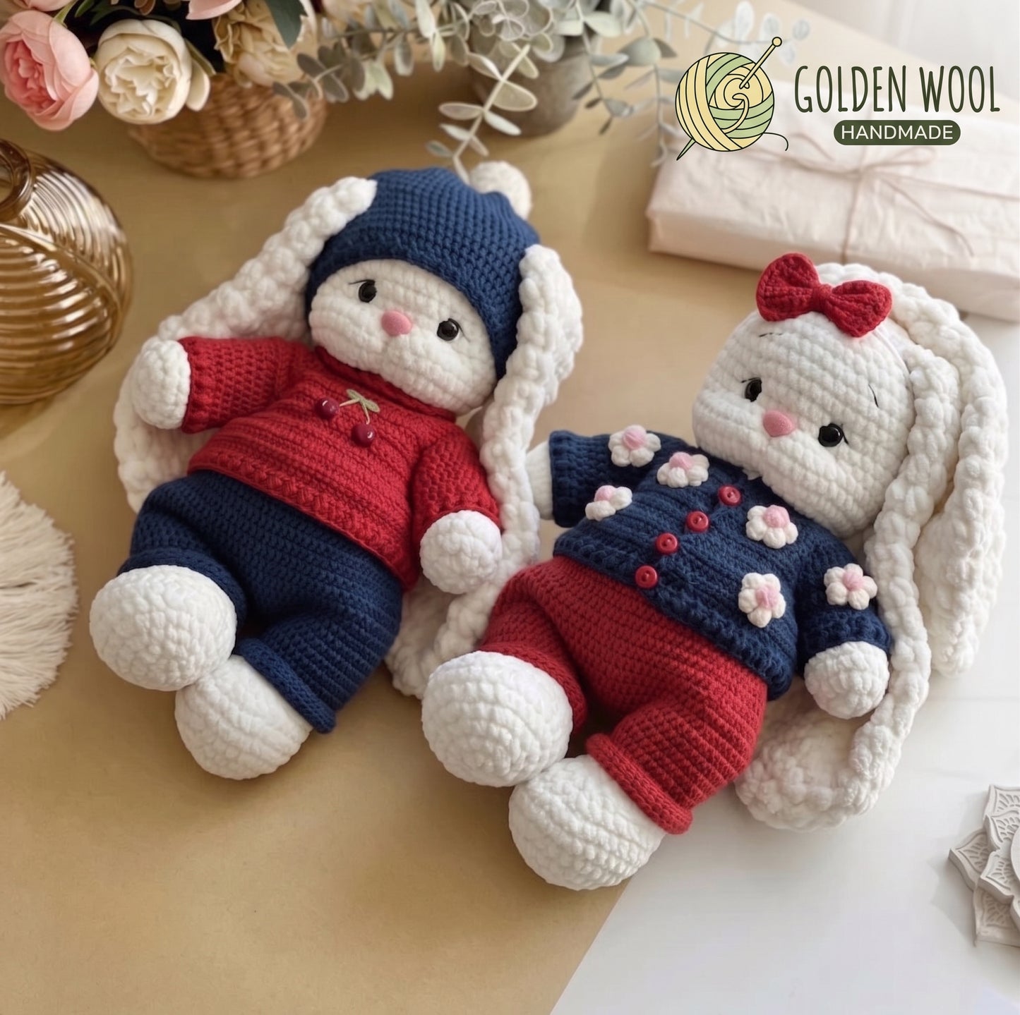 Cherry Bear Duo Crochet Outfit Pattern PDF | 2 Bunny Clothes Patterns - Golden Wool