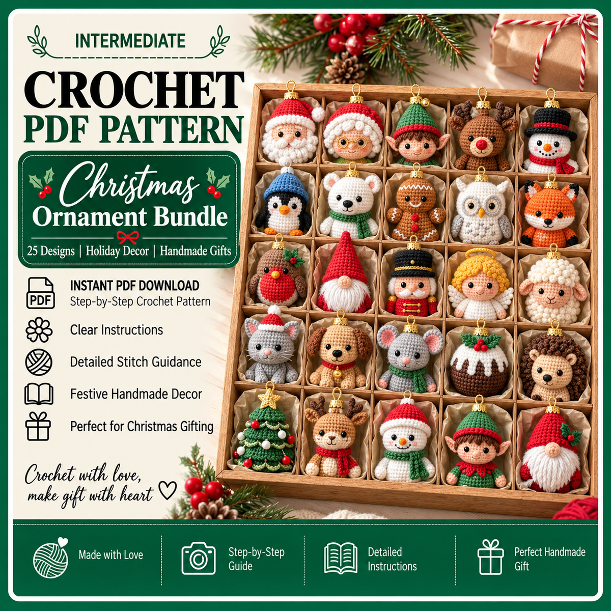 20 Crochet Christmas Ornament Patterns PDF, Beginner Amigurumi Baubles