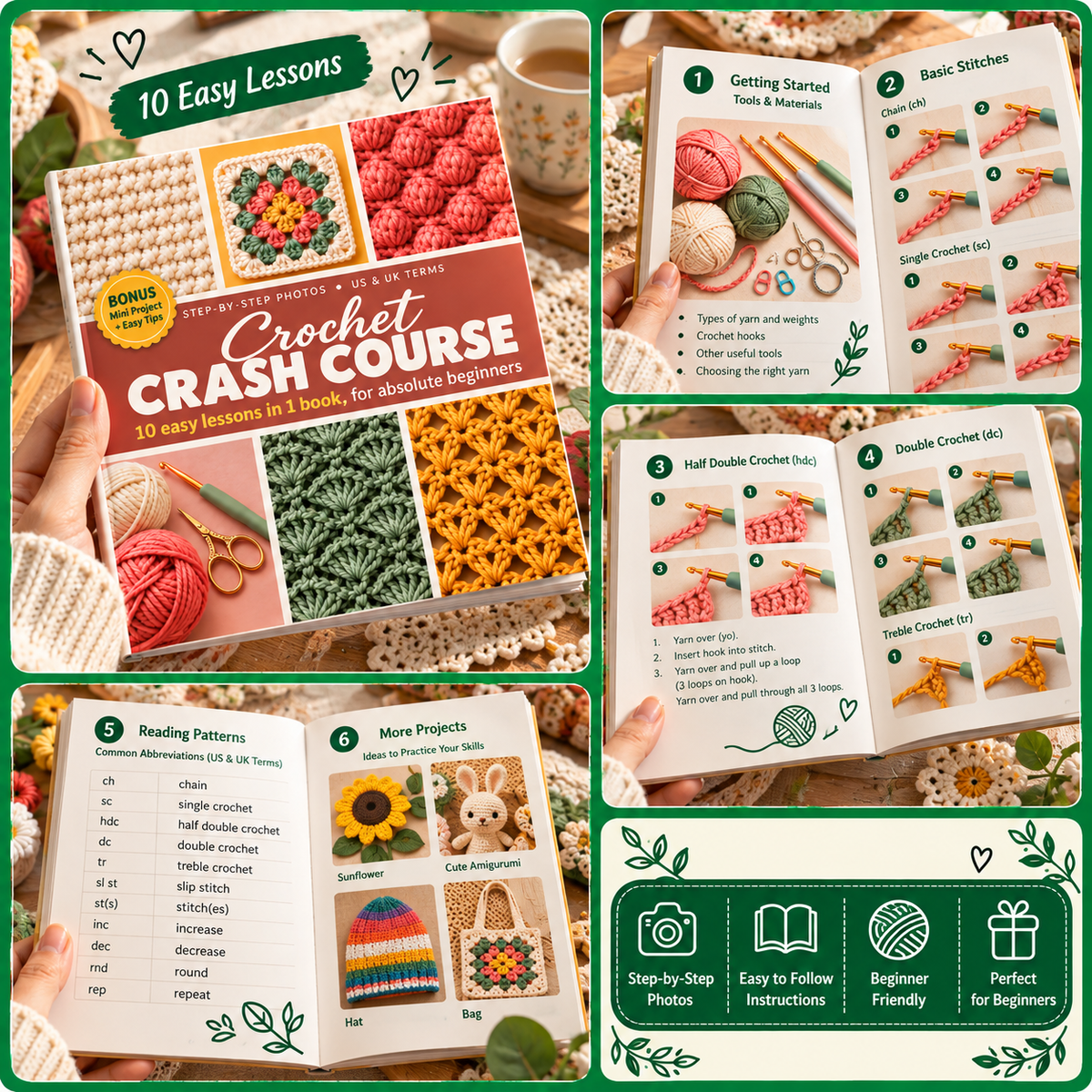 Crochet for Beginners Book, Easy Step-by-Step Crochet Guide, 10 Lessons in One Book