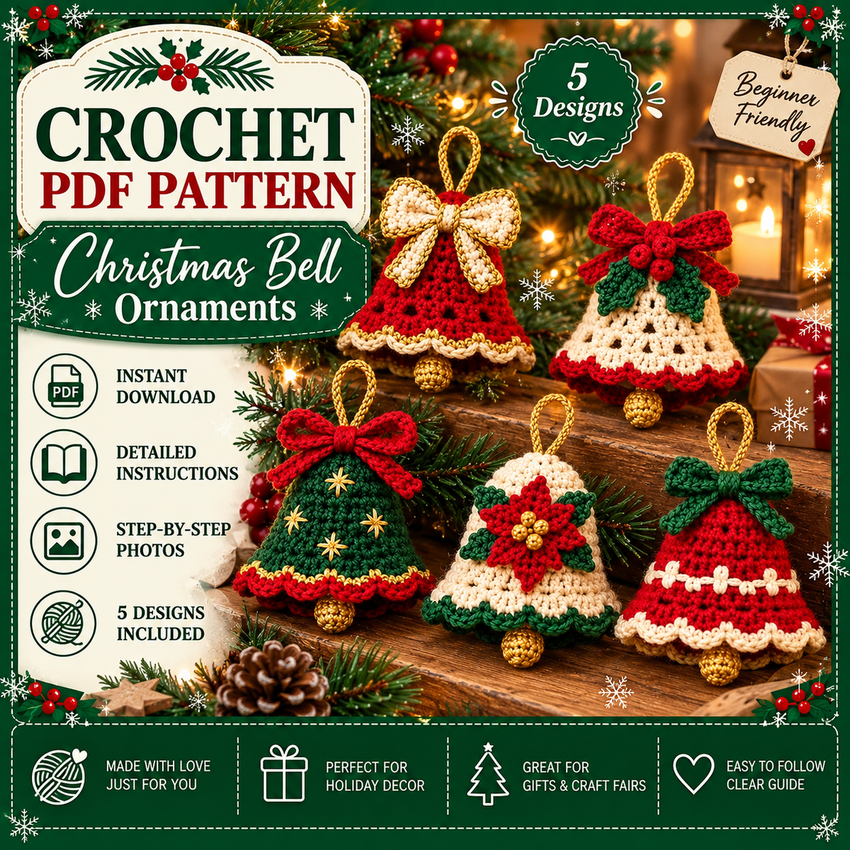 Crochet Christmas Bell Pattern PDF| 5 Holiday Bell Ornaments | Christmas Tree Decorations | Beginner Crochet Pattern | Digital Download