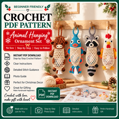Animal Mesh Bag Holder Crochet Kit, Beginner DIY Crochet Kit, Highland Cow Fish Raccoon Chicken, Reusable Bag Organizer, Home Decor