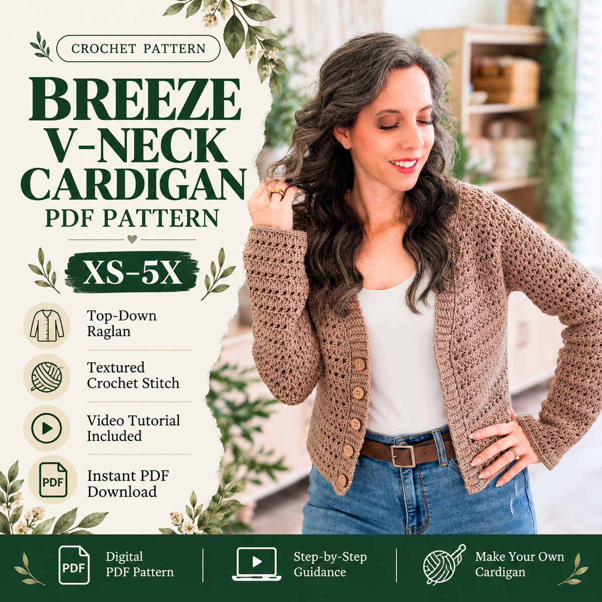 Breeze V-Neck Crochet Cardigan Pattern PDF|Top Down Raglan Sweater|Lightweight Mesh Cardigan, XS–5X, Video Tutorial