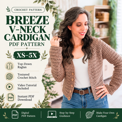 Breeze V-Neck Crochet Cardigan Pattern PDF|Top Down Raglan Sweater|Lightweight Mesh Cardigan, XS–5X, Video Tutorial