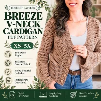 Breeze V-Neck Crochet Cardigan Pattern PDF|Top Down Raglan Sweater|Lightweight Mesh Cardigan, XS–5X, Video Tutorial