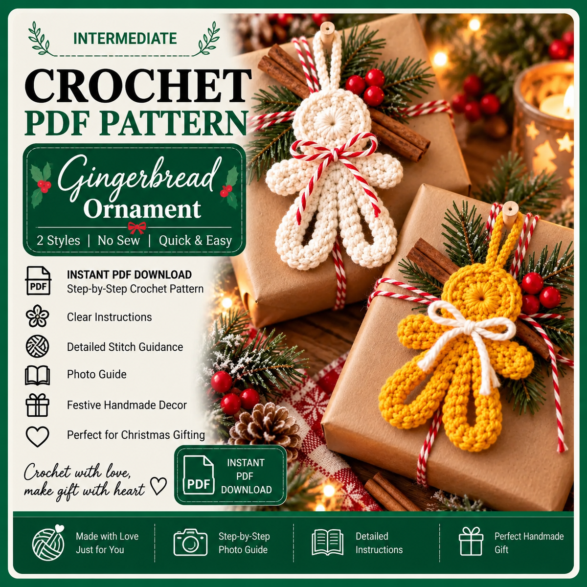 Gingerbread Crochet Ornament Pattern PDF, Flat Christmas Decor