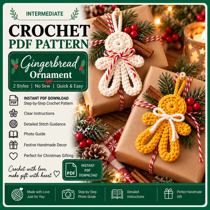 Gingerbread Crochet Ornament Pattern PDF, Flat Christmas Decor