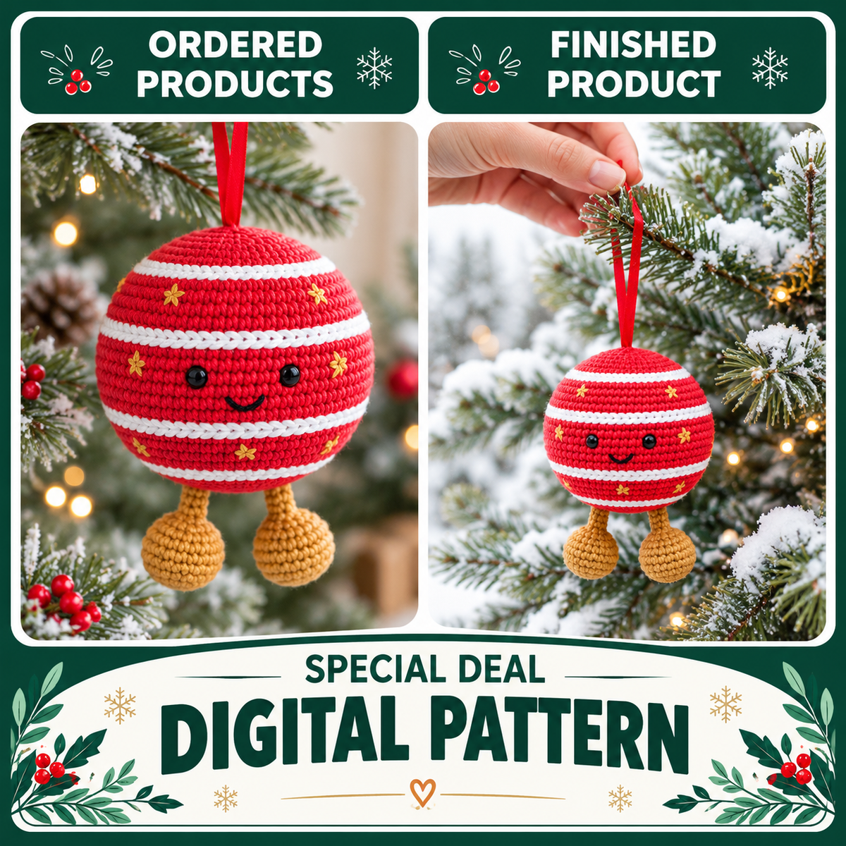 Christmas Puppy Crochet Pattern Bundle PDF, 4 in 1 Dog Amigurumi, Santa Reindeer Gingerbread Snow Puppy, Xmas Ornament Pattern