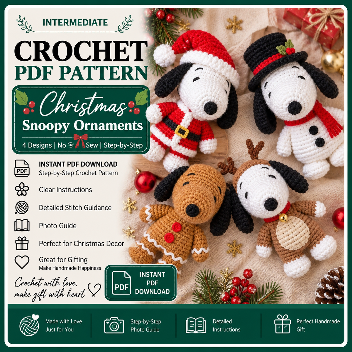 Christmas Puppy Crochet Pattern Bundle PDF, 4 in 1 Dog Amigurumi, Santa Reindeer Gingerbread Snow Puppy, Xmas Ornament Pattern