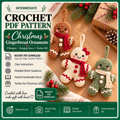 Gingerbread Crochet Ornament Pattern PDF, Christmas Amigurumi, 3 Colorways