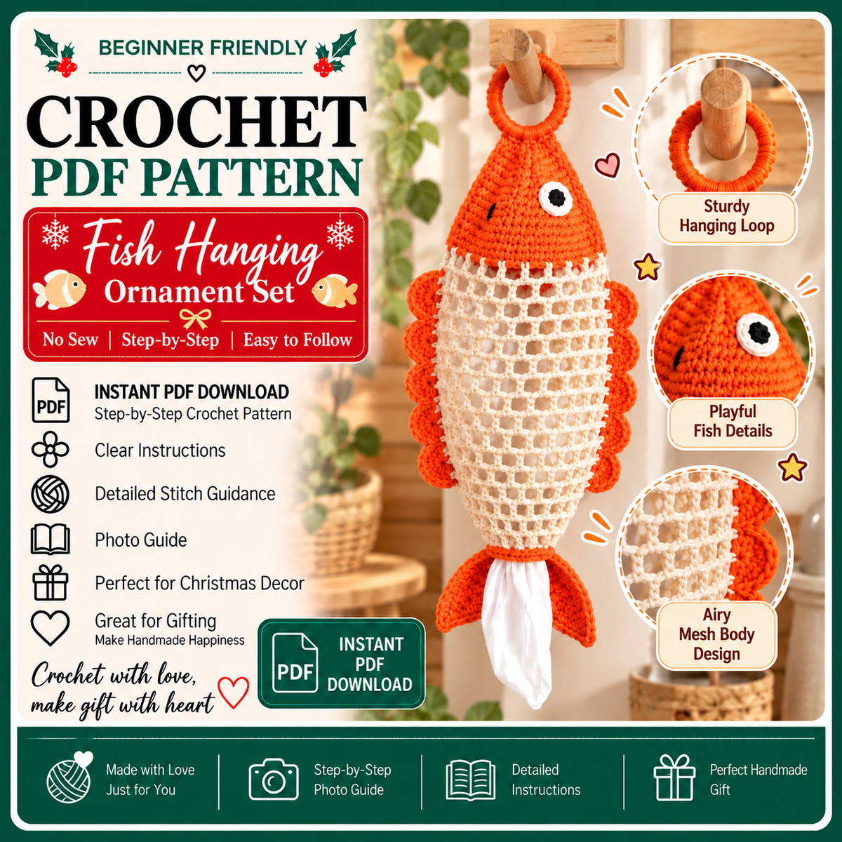 Goldfish Bag Holder Crochet Pattern PDF, Fish Plastic Bag Dispenser, Hanging Kitchen Organizer, Mesh Crochet Pattern, DIY Home Decor