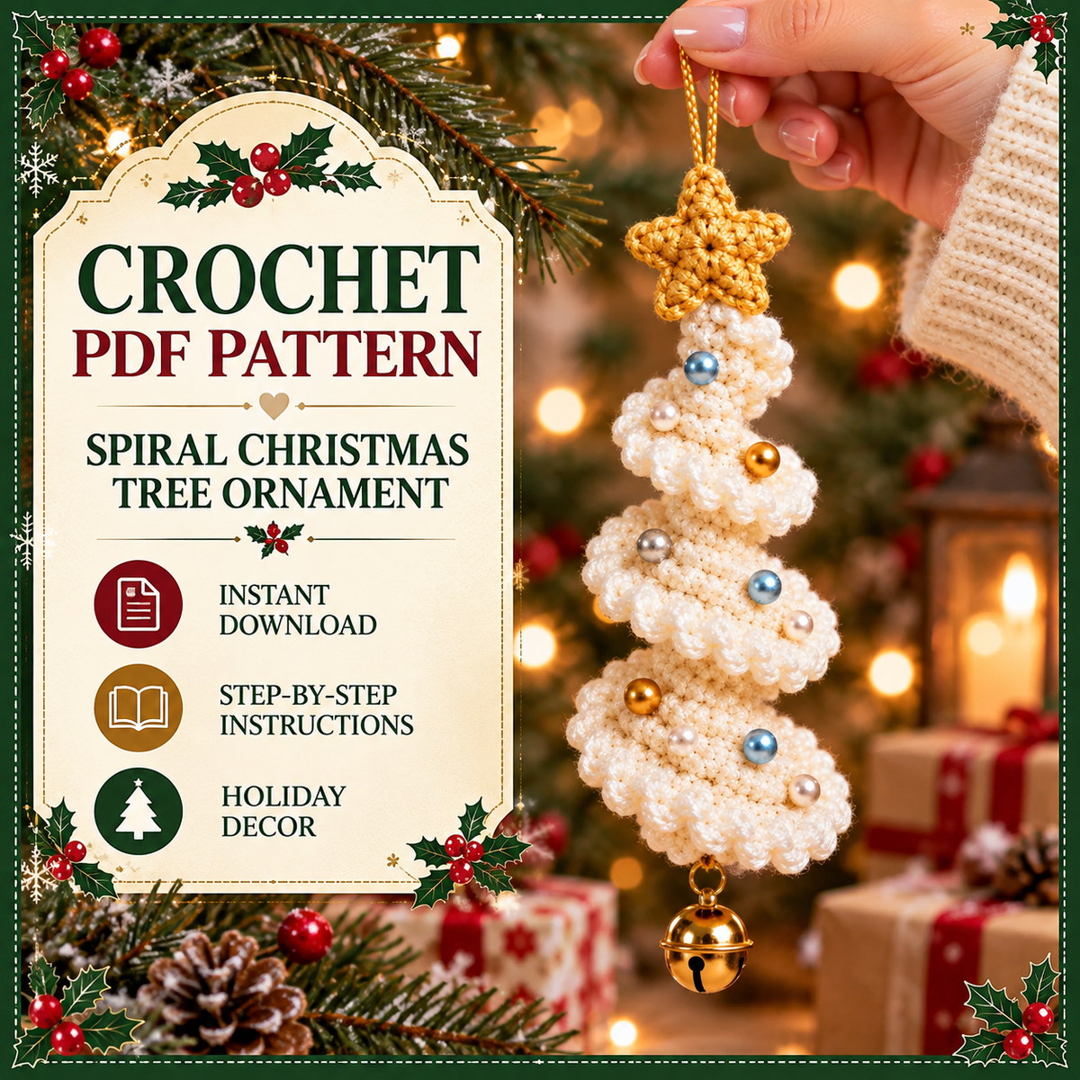 Christmas Tree Crochet Pattern PDF, Spiral Tree Ornament, Mini Hanging Christmas Decoration, Holiday Crochet Pattern