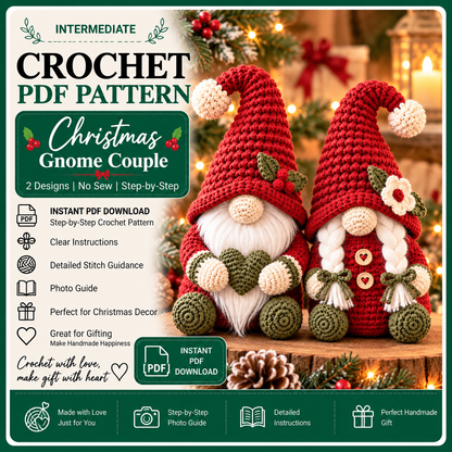 Christmas Gnome Couple Crochet Pattern PDF, Male and Female Amigurumi Gnomes, Holiday Shelf Sitters, Christmas Decor Pattern