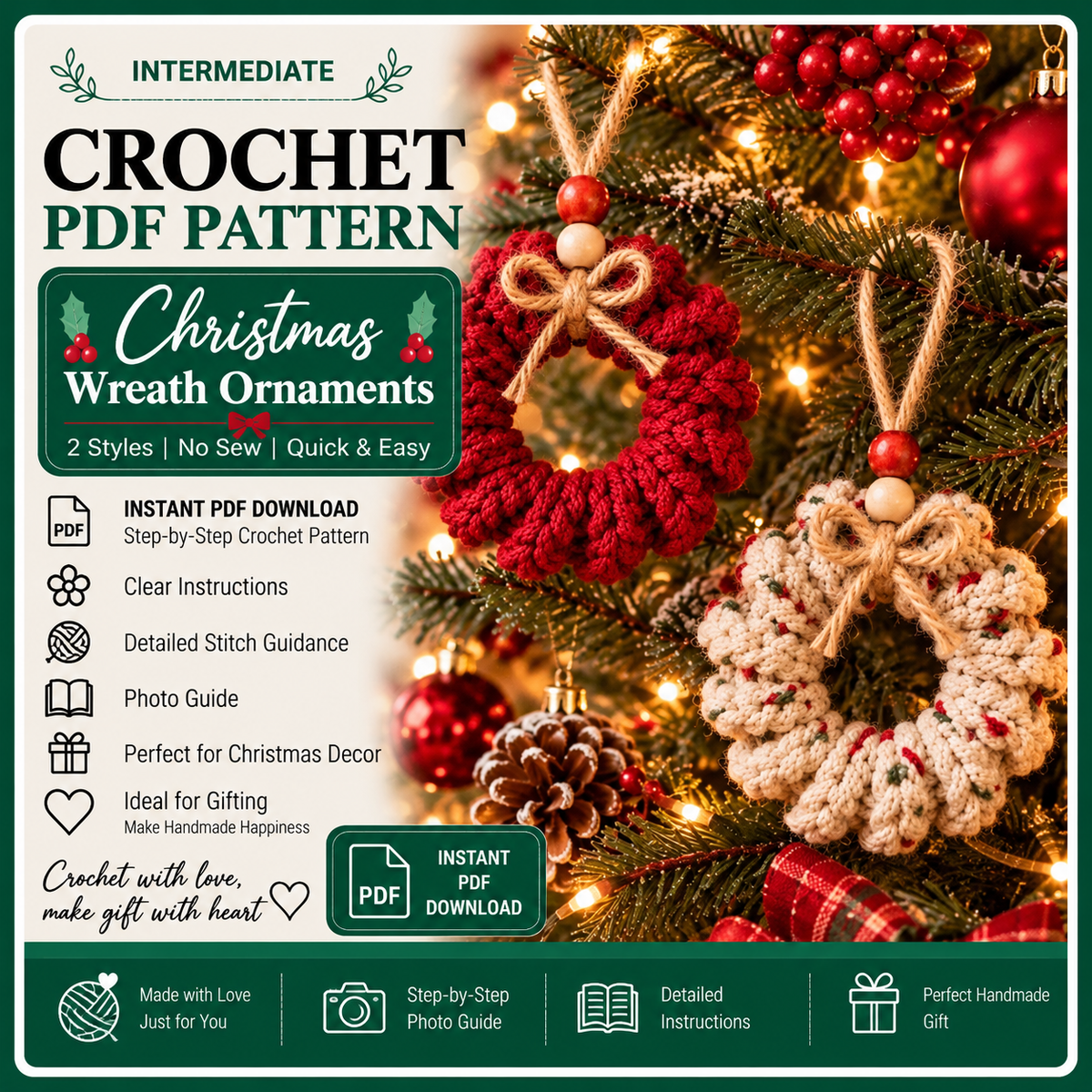 Curly Wreath Crochet Pattern PDF, Mini Christmas Wreath Ornament, Beginner Crochet Pattern, Rustic Holiday Decor, Gift Topper DIY