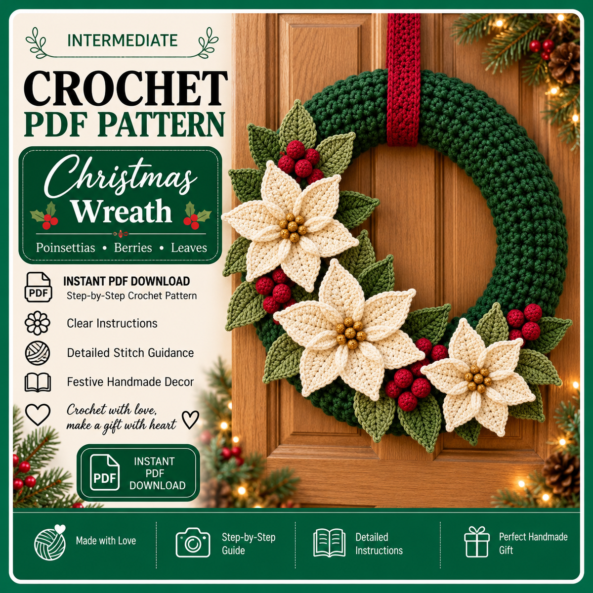Crochet Christmas Wreath Pattern PDF, Poinsettia and Berry Wreath
