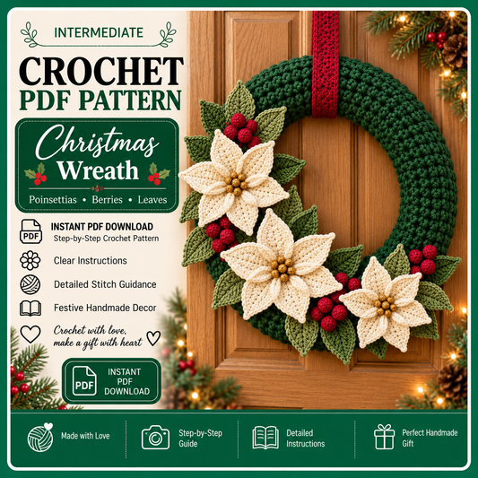 Crochet Christmas Wreath Pattern PDF, Poinsettia and Berry Wreath