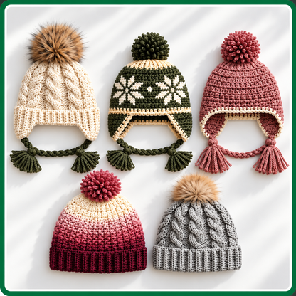 25 Winter Crochet Hat Patterns Bundle PDF, Beanies, Earflap Hats, Nordic Designs