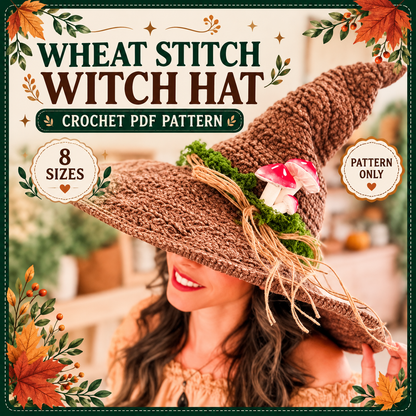 Witch Hat Crochet Pattern PDF, Wheat Stitch Halloween Hat, Wire Brim, 8 Sizes Newborn to Adult, Video Tutorial, Instant Download