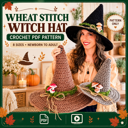 Witch Hat Crochet Pattern PDF, Wheat Stitch Halloween Hat, Wire Brim, 8 Sizes Newborn to Adult, Video Tutorial, Instant Download