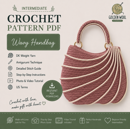 Golden Wool™ | Wavy Handbag Crochet Pattern PDF | Easy Shoulder Bag Pattern with Step-by-Step Video Tutorial | Beginner-Friendly DIY Bag | Instant Download