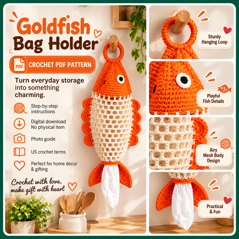 Goldfish Bag Holder Crochet Pattern PDF, Fish Plastic Bag Dispenser, H