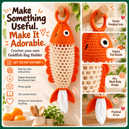 Goldfish Bag Holder Crochet Pattern PDF, Fish Plastic Bag Dispenser, Hanging Kitchen Organizer, Mesh Crochet Pattern, DIY Home Decor