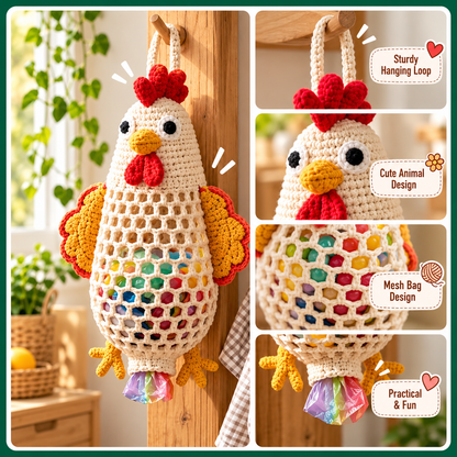 Animal Mesh Bag Holder Crochet Kit, Beginner DIY Crochet Kit, Highland Cow Fish Raccoon Chicken, Reusable Bag Organizer, Home Decor