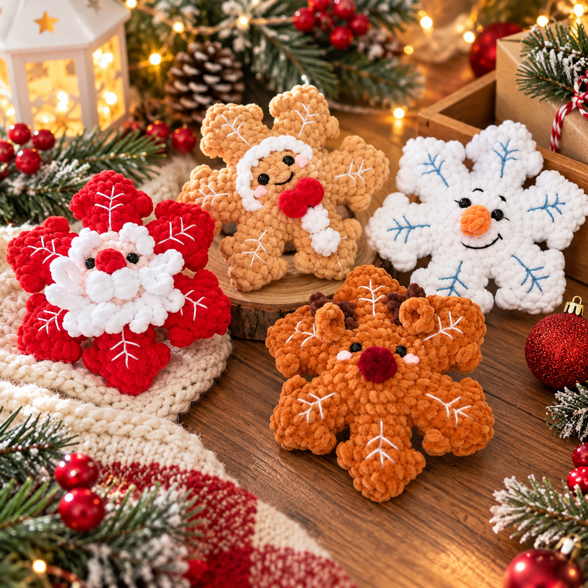 No Sew Crochet Snowflake Pattern | 4 Christmas Snowflake Ornaments | Santa Reindeer Snowman Gingerbread | PDF Pattern