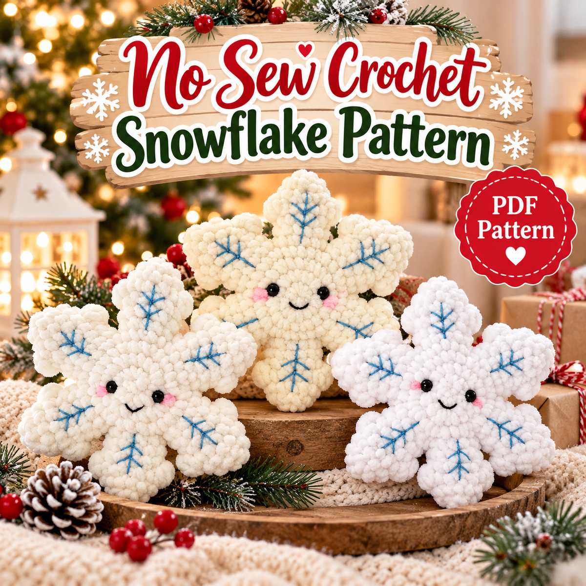 No Sew Crochet Snowflake Pattern | Plush Christmas Ornament | Snowflake Amigurumi PDF | Holiday Decor