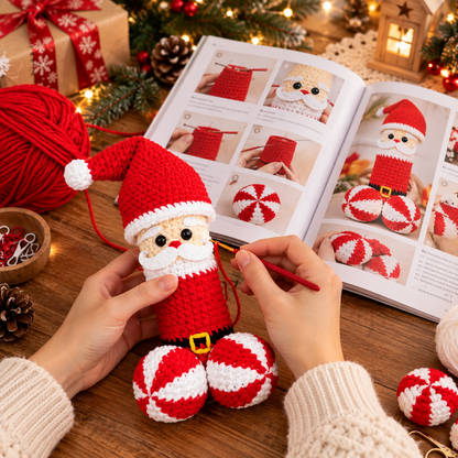 Christmas Crochet Pattern Book – Printed 8" x 8" Glossy Softcover – Snowmen, Santa, Elves, Christmas Trees, Baubles & Pinecone Ornaments
