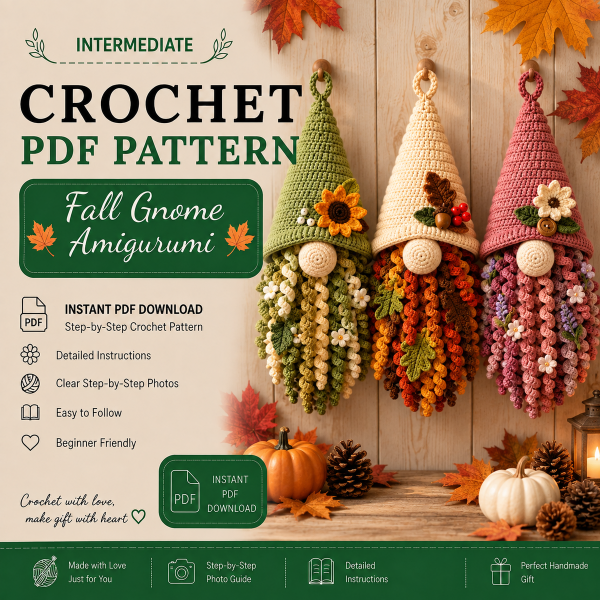 Crochet Fall Gnome Pattern PDF | Hanging Autumn Gnome Decor | Floral Gnome Amigurumi Pattern | Thanksgiving Crochet Decoration | Digital Download
