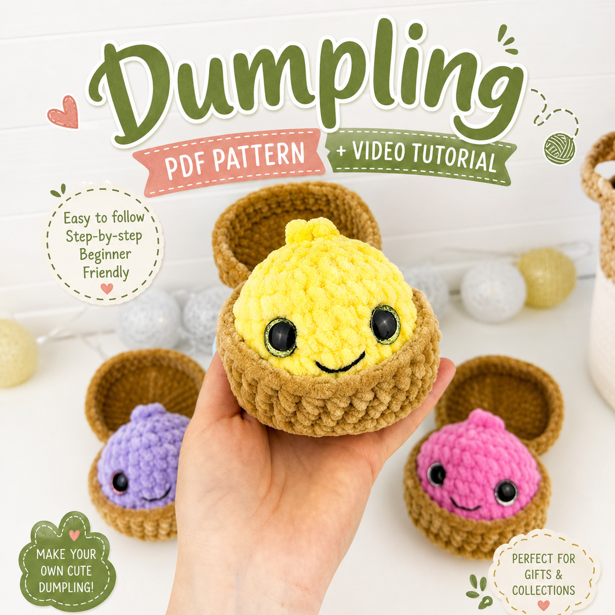 Dumpling Crochet Pattern PDF | No-Sew Kawaii Amigurumi Plush | Beginner Digital Download with Step-by-Step Video Tutorial