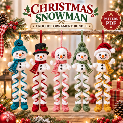 5 in 1 Christmas Snowman Crochet Ornament Pattern Bundle – 5 Spiral Snowmen PDF