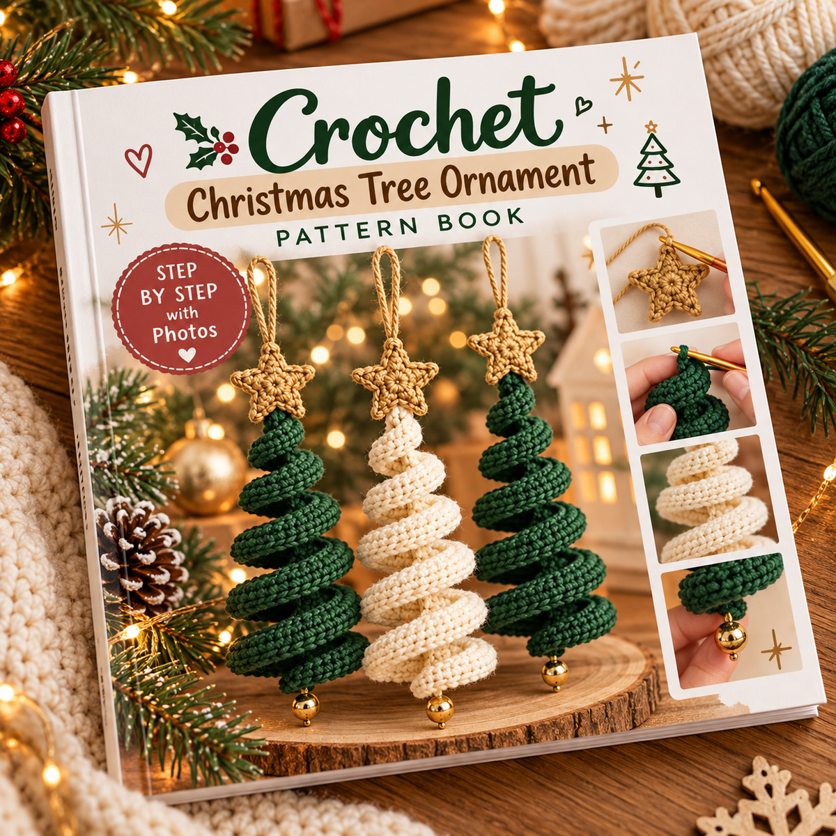 Christmas Crochet Pattern Book – Printed 8" x 8" Glossy Softcover – Snowmen, Santa, Elves, Christmas Trees, Baubles & Pinecone Ornaments