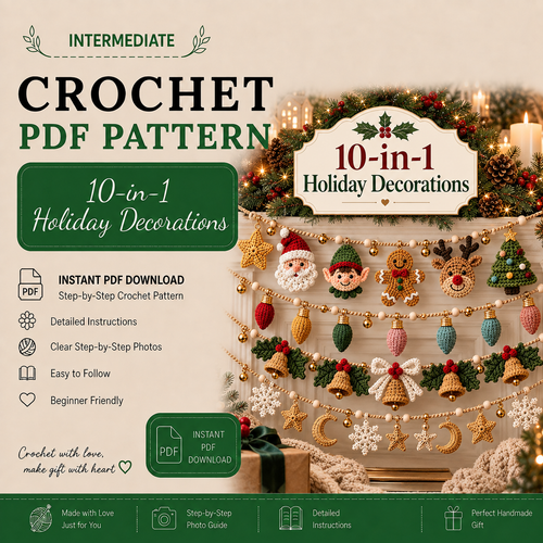 10-in-1 Christmas Crochet Garland Pattern Bundle PDF | 30+ Holiday Ornament Motifs | Santa, Reindeer, Snowman & Christmas Decor