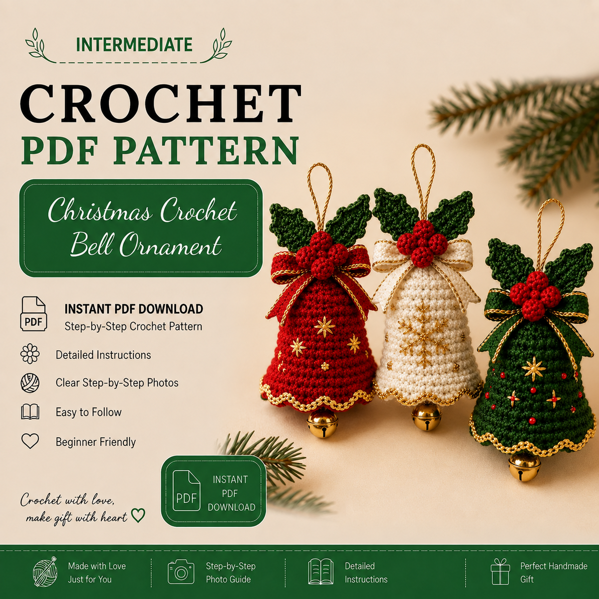 3-in-1 Christmas Bell Crochet Pattern PDF | Holiday Tree Ornaments with Holly & Bows | Festive Amigurumi Decor | Instant Download