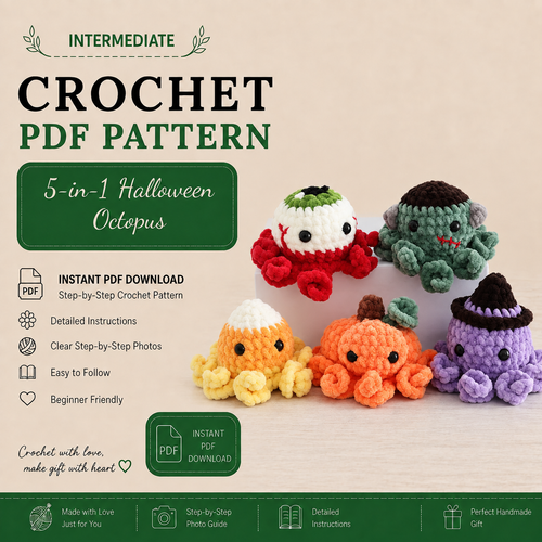 5-in-1 Halloween Octopus Crochet Pattern PDF | No-Sew Spooky Amigurumi Bundle | Pumpkin, Witch, Frankenstein & Candy Corn Plush | Instant Download
