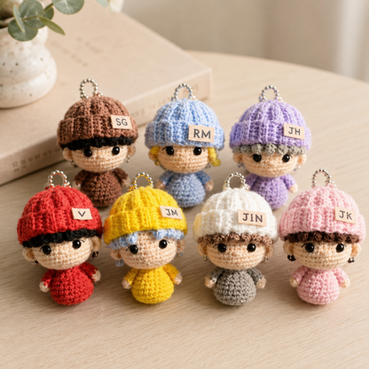 Golden Wool™ | Handmade K-Pop Inspired Crochet Doll Keychain Set, Cute Amigurumi Mini Plush Bag Charms, Fan-Made Member Doll Accessories, K-Pop Lover Gift