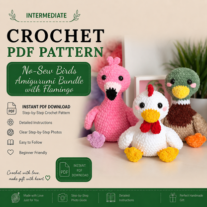 3-in-1 No-Sew Bird Crochet Pattern Bundle PDF | Flamingo Mallard Duck & Chicken Amigurumi | Cute Plush Pattern | Digital Download