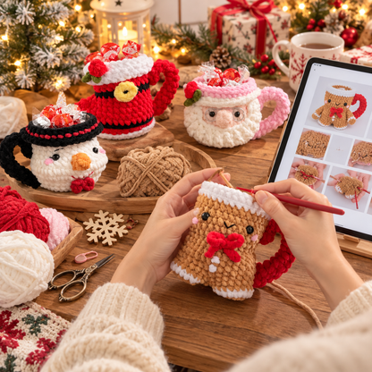 4 in 1 Christmas Crochet Mug Pattern Bundle – Santa, Gingerbread, Snowman & Boot PDF