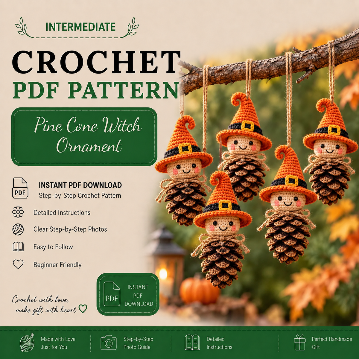 Crochet Pine Cone Witch Ornament Pattern PDF | Halloween Witch Amigurumi | Fall Woodland Hanging Decor | Autumn Crochet Pattern | Digital Download