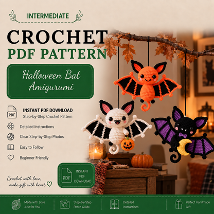 3-in-1 Halloween Bat Crochet Pattern PDF | Cute Bat Amigurumi & Hanging Ornament | Pumpkin & Crescent Moon Bat Decor | Digital Download