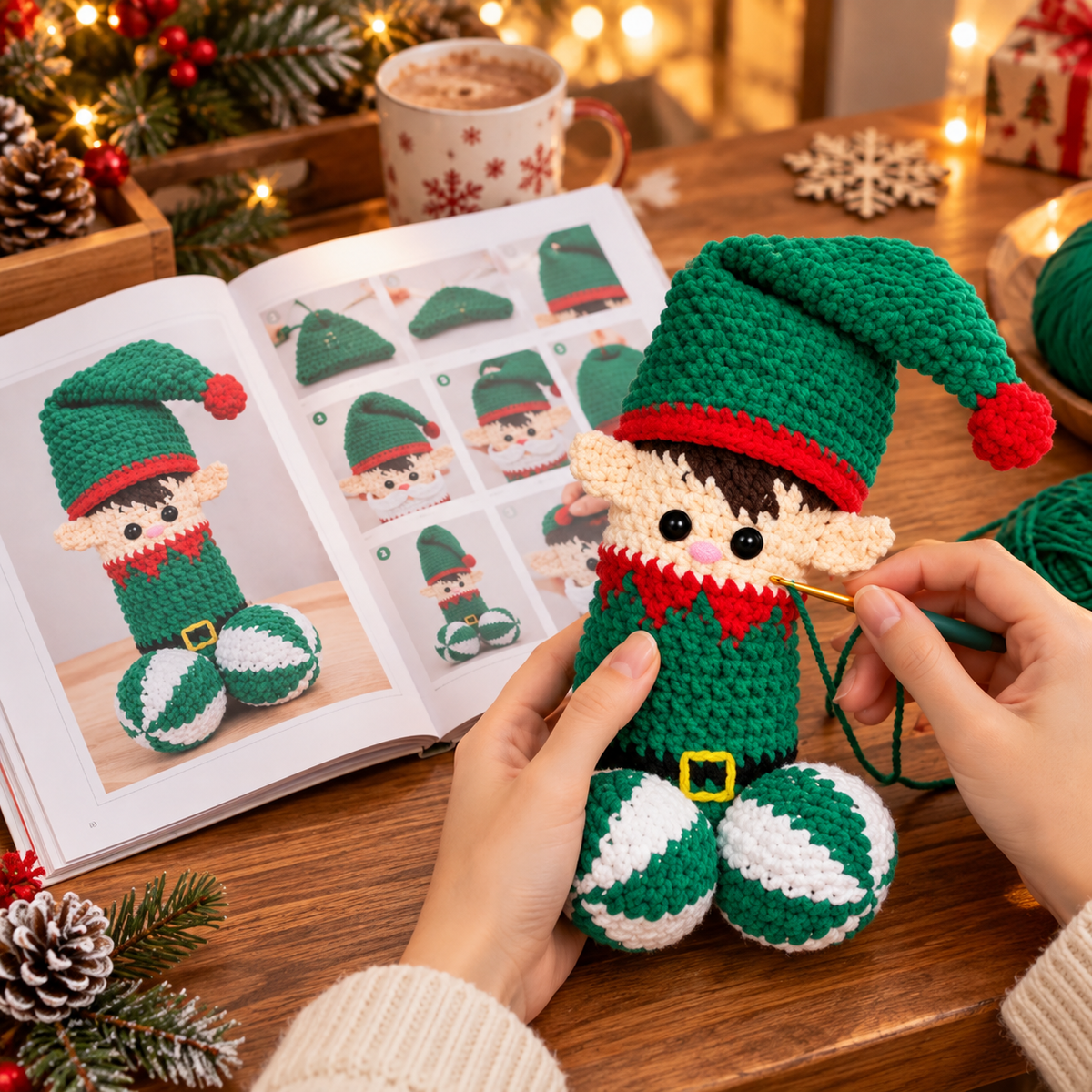 Christmas Crochet Pattern Book – Printed 8" x 8" Glossy Softcover – Snowmen, Santa, Elves, Christmas Trees, Baubles & Pinecone Ornaments