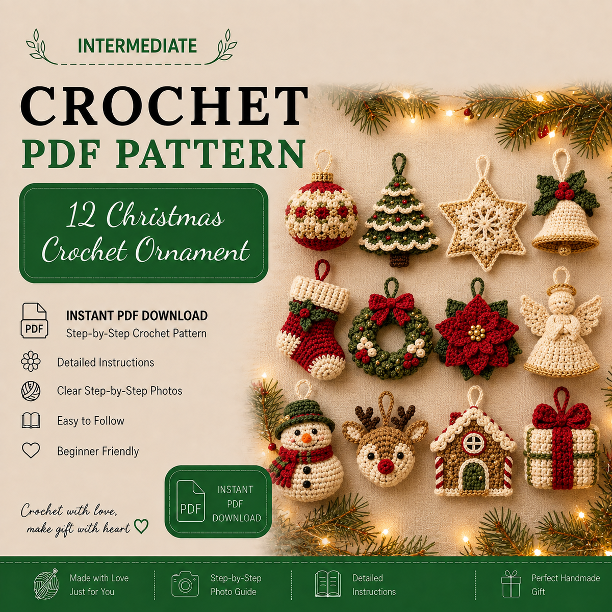 12-in-1 Christmas Crochet Ornament Pattern Bundle PDF | Heirloom Holiday Tree Decorations | Christmas Amigurumi Patterns | Instant Download