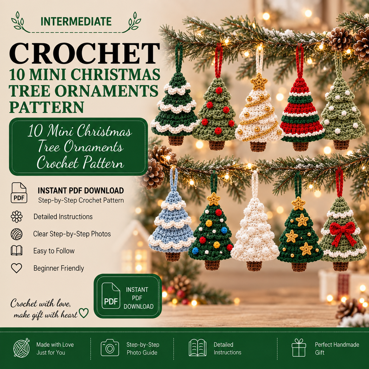 10-In-1 Mini Christmas Tree Ornament Crochet Pattern Bundle | 10 Christmas Tree Designs | Holiday Crochet PDF | Christmas Decor
